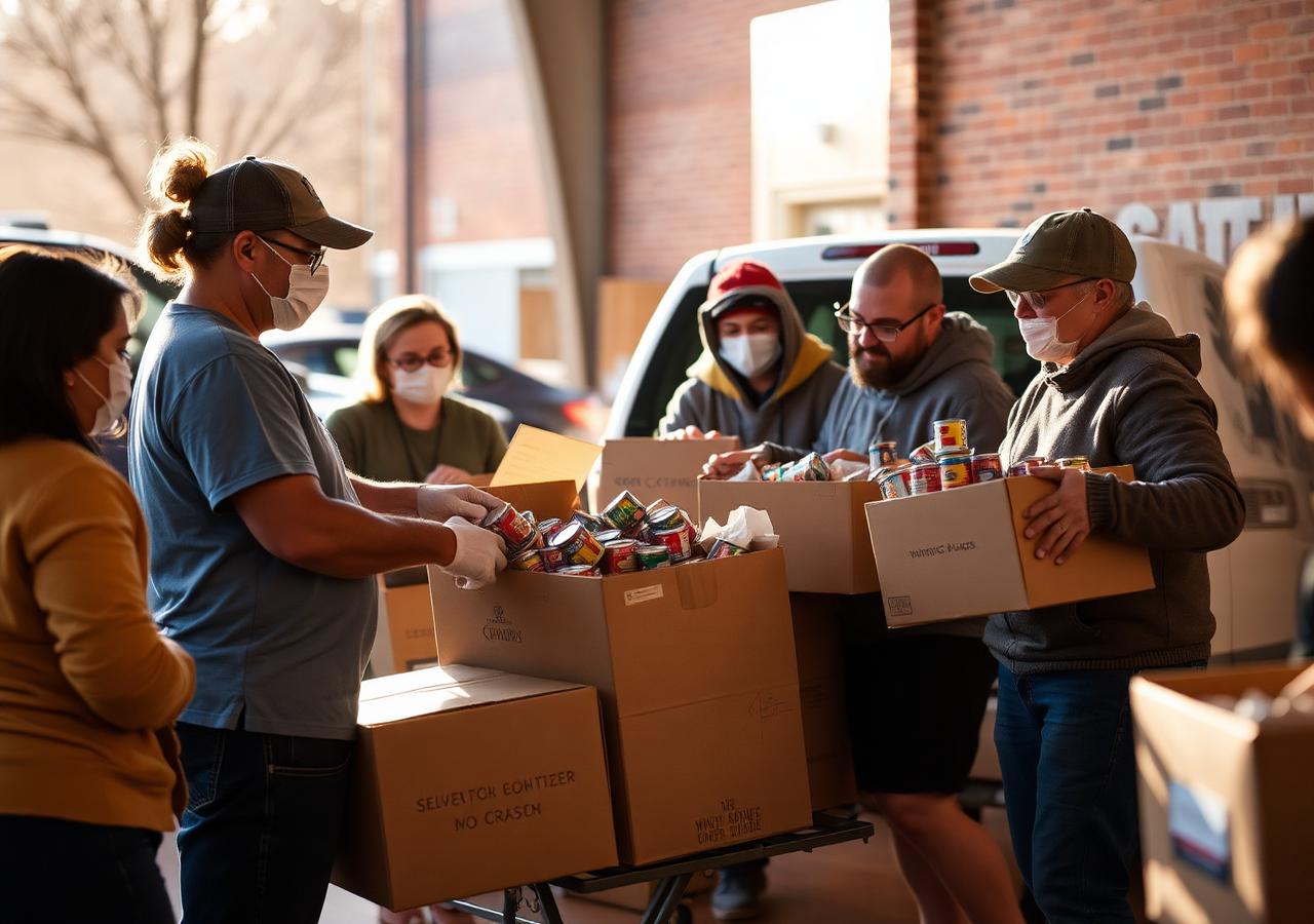 Volunteers sorting canned food donations